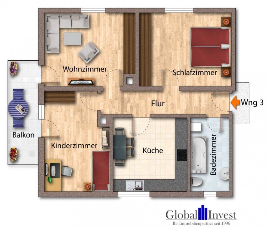 Grundriss als 3 ZKB Etagenwohnung Heidelberg / Ziegelhausen